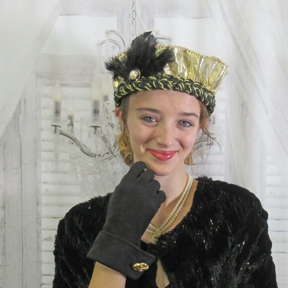 Flapper style softly ruffled gold lame fabric headband on black/gold braid band - Picture 9 of 15